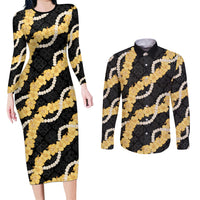 Aloha Melemele Hibiscus Pikake Lei Couples Matching Long Sleeve Bodycon Dress and Long Sleeve Button Shirt Hawaiian Quilt Pattern