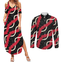 Aloha Ula'ula Hibiscus Pikake Lei Couples Matching Summer Maxi Dress and Long Sleeve Button Shirt Hawaiian Quilt Pattern LT9 Black - Polynesian Pride