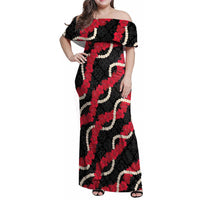 Aloha Ula'ula Hibiscus Pikake Lei Family Matching Off Shoulder Maxi Dress and Hawaiian Shirt Hawaiian Quilt Pattern LT9 Mom's Dress Black - Polynesian Pride