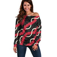 Aloha Ula'ula Hibiscus Pikake Lei Off Shoulder Sweater Hawaiian Quilt Pattern LT9 Women Black - Polynesian Pride
