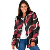 Aloha Ula'ula Hibiscus Pikake Lei Padded Jacket Hawaiian Quilt Pattern LT9 Women Black - Polynesian Pride