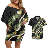 Puakenikeni Anthurium Pikake Lei Couples Matching Off Shoulder Short Dress and Hawaiian Shirt Hawaiian Quilt Pattern LT9 Black - Polynesian Pride
