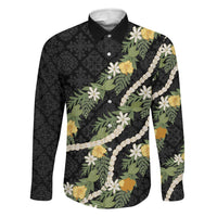 Puakenikeni Anthurium Pikake Lei Family Matching Mermaid Dress and Hawaiian Shirt Hawaiian Quilt Pattern LT9 Dad's Shirt - Long Sleeve Black - Polynesian Pride