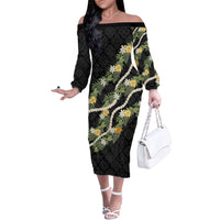 Puakenikeni Anthurium Pikake Lei Family Matching Off The Shoulder Long Sleeve Dress and Hawaiian Shirt Hawaiian Quilt Pattern LT9 Mom's Dress Black - Polynesian Pride
