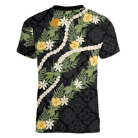 Puakenikeni Anthurium Pikake Lei Women V-Neck T-Shirt Hawaiian Quilt Pattern LT9 - Polynesian Pride