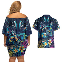 Plumeria Turtles Traditional Tribal Couples Matching Off Shoulder Short Dress and Hawaiian Shirt