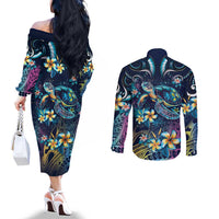 Plumeria Turtles Traditional Tribal Couples Matching Off The Shoulder Long Sleeve Dress and Long Sleeve Button Shirt