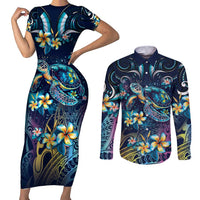 Plumeria Turtles Traditional Tribal Couples Matching Short Sleeve Bodycon Dress and Long Sleeve Button Shirt