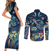Plumeria Turtles Traditional Tribal Couples Matching Short Sleeve Bodycon Dress and Long Sleeve Button Shirt
