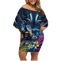 Plumeria Turtles Traditional Tribal Family Matching Off Shoulder Short Dress and Hawaiian Shirt