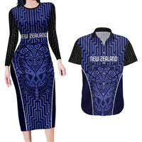 Custom Basketball New Zealand Couples Matching Long Sleeve Bodycon Dress and Hawaiian Shirt Blue Maori Ta Moko Indigenous LT9 Blue - Polynesian Pride
