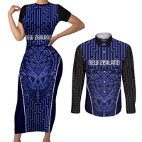 Custom Basketball New Zealand Couples Matching Short Sleeve Bodycon Dress and Long Sleeve Button Shirt Blue Maori Ta Moko Indigenous LT9 Blue - Polynesian Pride