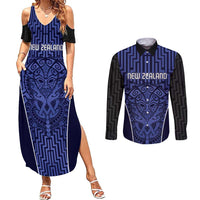 Custom Basketball New Zealand Couples Matching Summer Maxi Dress and Long Sleeve Button Shirt Blue Maori Ta Moko Indigenous LT9 Blue - Polynesian Pride