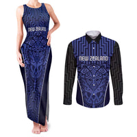 Custom Basketball New Zealand Couples Matching Tank Maxi Dress and Long Sleeve Button Shirt Blue Maori Ta Moko Indigenous LT9 Blue - Polynesian Pride