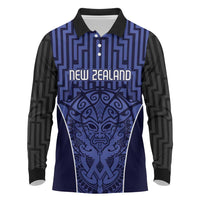 Custom Basketball New Zealand Long Sleeve Polo Shirt Blue Maori Ta Moko Indigenous - Polynesian Pride