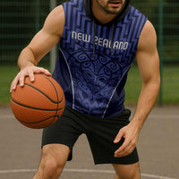 Custom Basketball New Zealand Sleeveless Hoodie Blue Maori Ta Moko Indigenous - Polynesian Pride