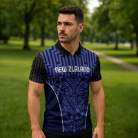 Custom Basketball New Zealand Zipper Polo Shirt Blue Maori Ta Moko Indigenous - Polynesian Pride
