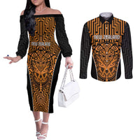 Custom Basketball New Zealand Couples Matching Off The Shoulder Long Sleeve Dress and Long Sleeve Button Shirt Gold Maori Ta Moko Indigenous LT9 Gold - Polynesian Pride