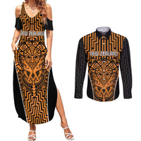 Custom Basketball New Zealand Couples Matching Summer Maxi Dress and Long Sleeve Button Shirt Gold Maori Ta Moko Indigenous LT9 Gold - Polynesian Pride