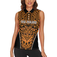 Custom Basketball New Zealand Women Sleeveless Polo Shirt Gold Maori Ta Moko Indigenous - Polynesian Pride