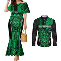 Custom Basketball New Zealand Couples Matching Mermaid Dress and Long Sleeve Button Shirt Green Maori Ta Moko Indigenous LT9 Green - Polynesian Pride