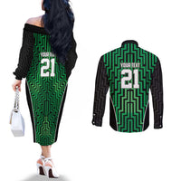 Custom Basketball New Zealand Couples Matching Off The Shoulder Long Sleeve Dress and Long Sleeve Button Shirt Green Maori Ta Moko Indigenous LT9 - Polynesian Pride