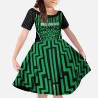 Custom Basketball New Zealand Family Matching Off The Shoulder Long Sleeve Dress and Hawaiian Shirt Green Maori Ta Moko Indigenous LT9 Daughter's Dress Green - Polynesian Pride