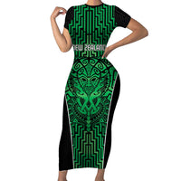 Custom Basketball New Zealand Family Matching Short Sleeve Bodycon Dress and Hawaiian Shirt Green Maori Ta Moko Indigenous LT9 Mom's Dress Green - Polynesian Pride