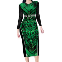 Custom Basketball New Zealand Long Sleeve Bodycon Dress Green Maori Ta Moko Indigenous - Polynesian Pride