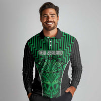 Custom Basketball New Zealand Long Sleeve Polo Shirt Green Maori Ta Moko Indigenous - Polynesian Pride