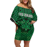 Custom Basketball New Zealand Off Shoulder Short Dress Green Maori Ta Moko Indigenous - Polynesian Pride