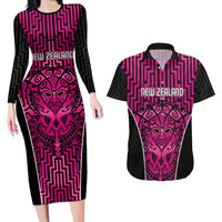 Custom Basketball New Zealand Couples Matching Long Sleeve Bodycon Dress and Hawaiian Shirt Pink Maori Ta Moko Indigenous LT9 Pink - Polynesian Pride