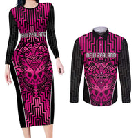 Custom Basketball New Zealand Couples Matching Long Sleeve Bodycon Dress and Long Sleeve Button Shirt Pink Maori Ta Moko Indigenous LT9 Pink - Polynesian Pride