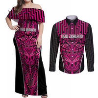 Custom Basketball New Zealand Couples Matching Off Shoulder Maxi Dress and Long Sleeve Button Shirt Pink Maori Ta Moko Indigenous - Polynesian Pride