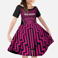 Custom Basketball New Zealand Family Matching Long Sleeve Bodycon Dress and Hawaiian Shirt Pink Maori Ta Moko Indigenous LT9 Daughter's Dress Pink - Polynesian Pride
