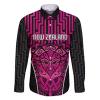 Custom Basketball New Zealand Family Matching Off The Shoulder Long Sleeve Dress and Hawaiian Shirt Pink Maori Ta Moko Indigenous LT9 Dad's Shirt - Long Sleeve Pink - Polynesian Pride