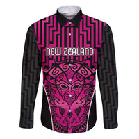 Custom Basketball New Zealand Family Matching Puletasi and Hawaiian Shirt Pink Maori Ta Moko Indigenous LT9 Dad's Shirt - Long Sleeve Pink - Polynesian Pride