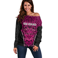 Custom Basketball New Zealand Off Shoulder Sweater Pink Maori Ta Moko Indigenous - Polynesian Pride