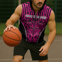 Custom Basketball New Zealand Sleeveless Zip Hoodie Pink Maori Ta Moko Indigenous LT9 - Polynesian Pride