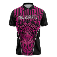 Custom Basketball New Zealand Zipper Polo Shirt Pink Maori Ta Moko Indigenous - Polynesian Pride