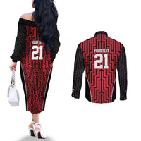 Custom Basketball New Zealand Couples Matching Off The Shoulder Long Sleeve Dress and Long Sleeve Button Shirt Red Maori Ta Moko Indigenous - Polynesian Pride