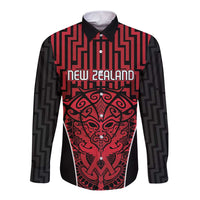 Custom Basketball New Zealand Long Sleeve Button Shirt Red Maori Ta Moko Indigenous - Polynesian Pride