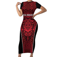 Custom Basketball New Zealand Short Sleeve Bodycon Dress Red Maori Ta Moko Indigenous - Polynesian Pride