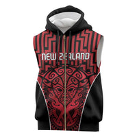 Custom Basketball New Zealand Sleeveless Zip Hoodie Red Maori Ta Moko Indigenous - Polynesian Pride