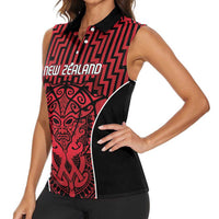 Custom Basketball New Zealand Women Sleeveless Polo Shirt Red Maori Ta Moko Indigenous - Polynesian Pride