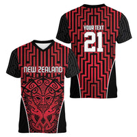 Custom Basketball New Zealand Women V-Neck T-Shirt Red Maori Ta Moko Indigenous - Polynesian Pride