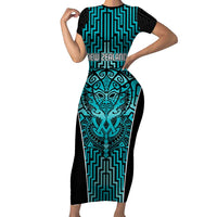 Custom Basketball New Zealand Family Matching Short Sleeve Bodycon Dress and Hawaiian Shirt Teal Maori Ta Moko Indigenous LT9 Mom's Dress Teal - Polynesian Pride