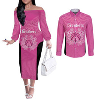 New Zealand Custom Couples Matching Off The Shoulder Long Sleeve Dress and Long Sleeve Button Shirt Fire Basketball Maori Tribal Pink - Polynesian Pride