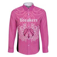 New Zealand Custom Family Matching Long Sleeve Bodycon Dress and Hawaiian Shirt Fire Basketball Maori Tribal Pink LT9 Dad's Shirt - Long Sleeve Pink - Polynesian Pride