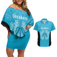 New Zealand Custom Couples Matching Off Shoulder Short Dress and Hawaiian Shirt Fire Basketball Maori Tribal Sky Blue - Polynesian Pride